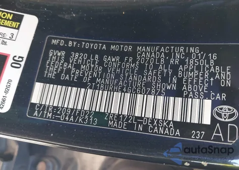 2016 Toyota Corolla S from USA, damaged, VIN 2T1BURHE4GC607875